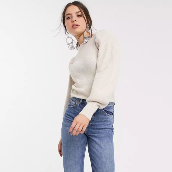 ASOS Bershka Ribbed Volume Sleeve Sweater Color Ecru Size XS - Picture 4 of 11